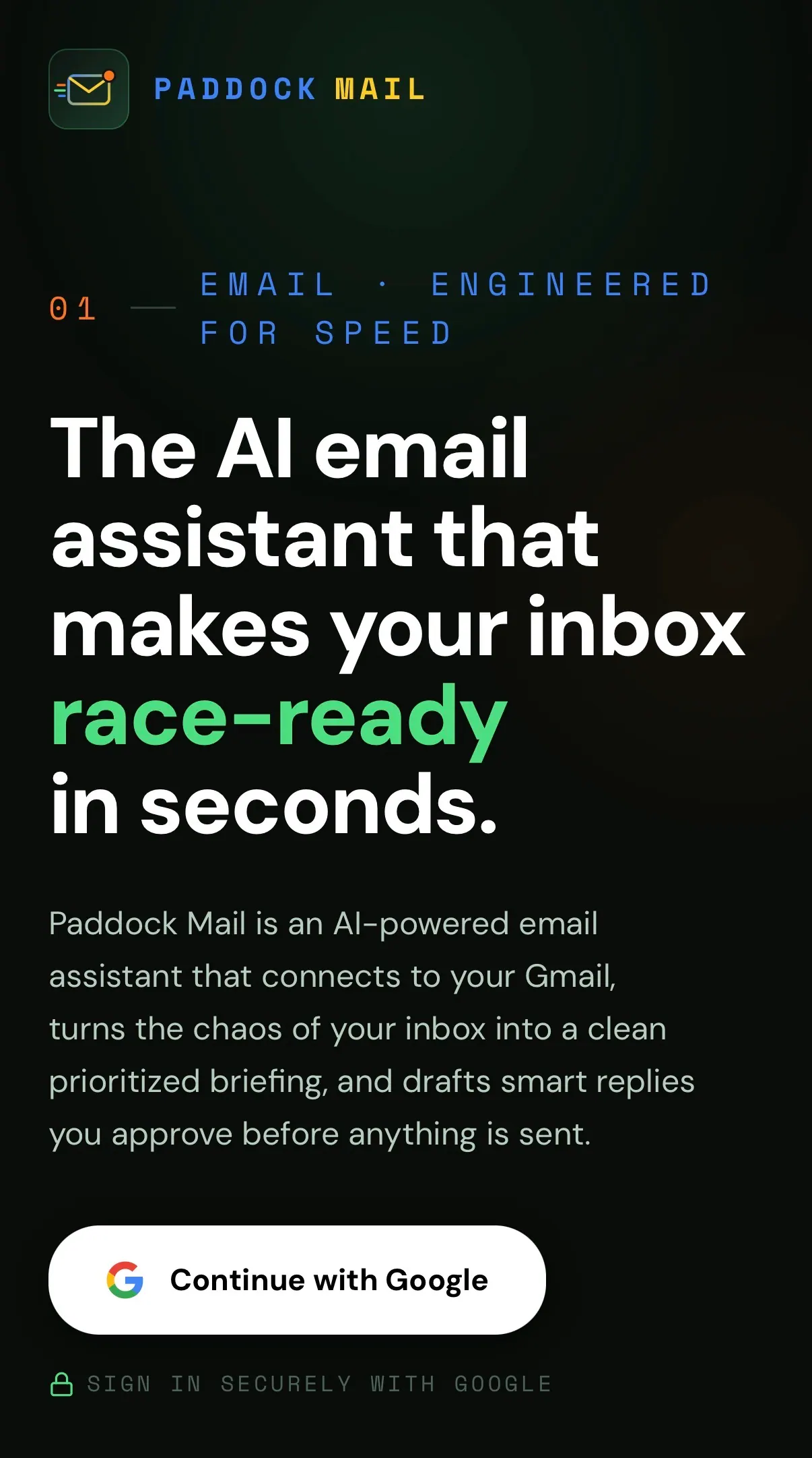 Paddock Mail on a phone: the sign-in screen for an AI email assistant