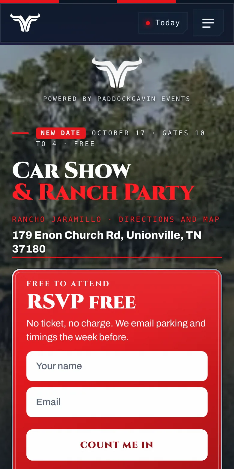 The Piston Powered Ranch home page on a phone: a free RSVP card under the headline Car Show and Ranch Party